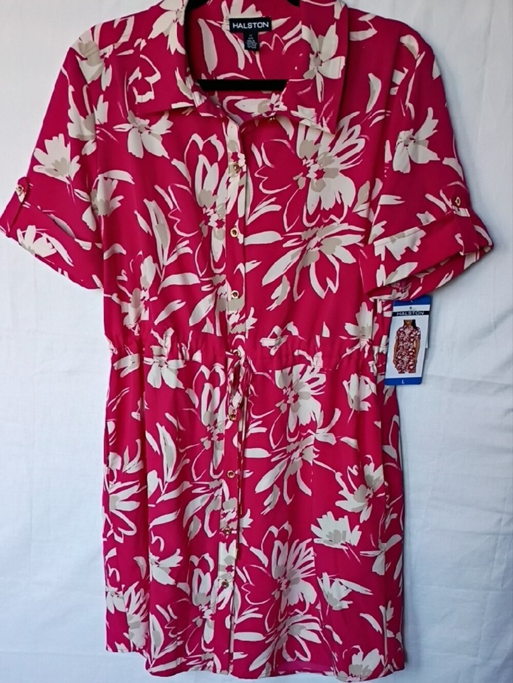 Halston  Women's  Floral Fuschia Shirt Dress  With Pockets Size L - Picture 2 of 10